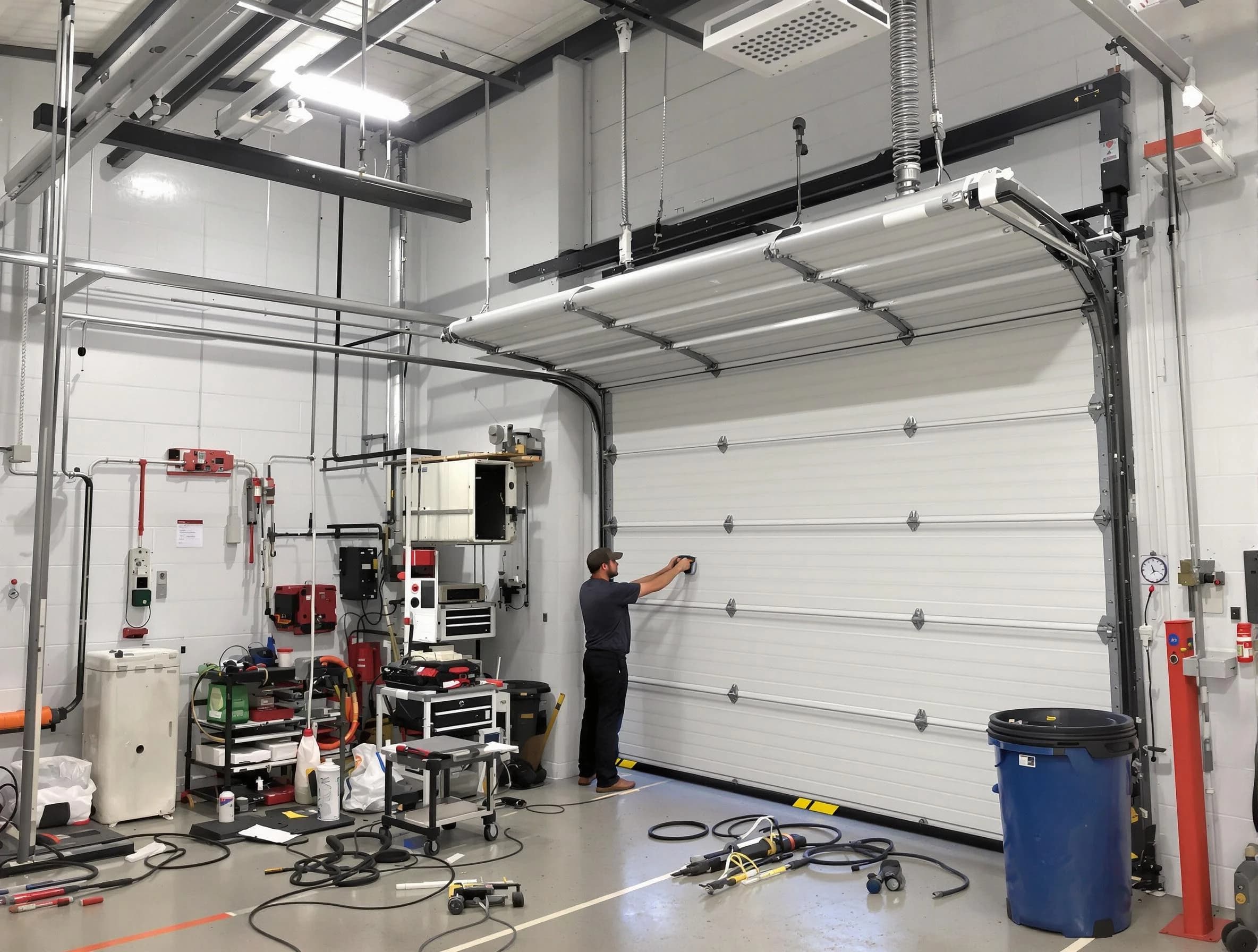 Dracut Garage Door Repair certified technician performing commercial door repair at a Dracut business facility