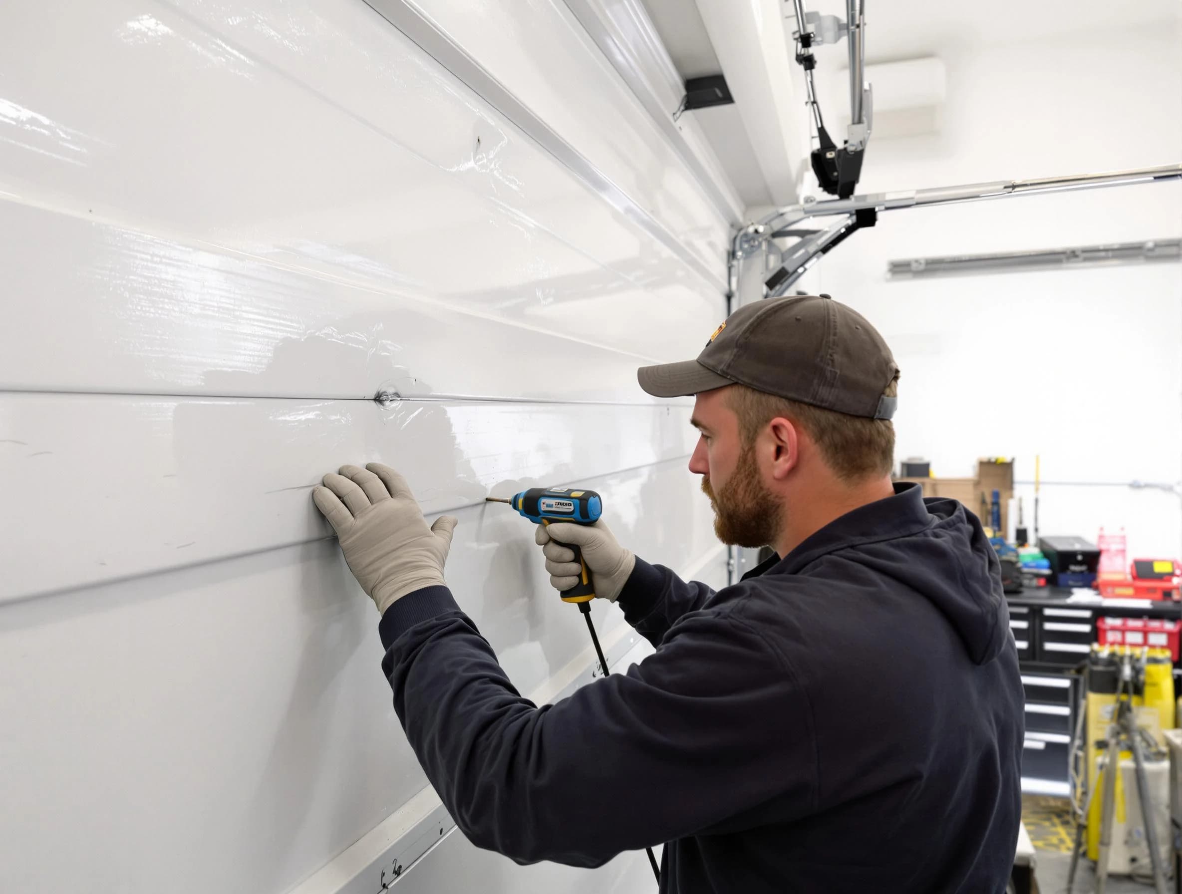 Dracut Garage Door Repair technician demonstrating precision dent removal techniques on a Dracut garage door