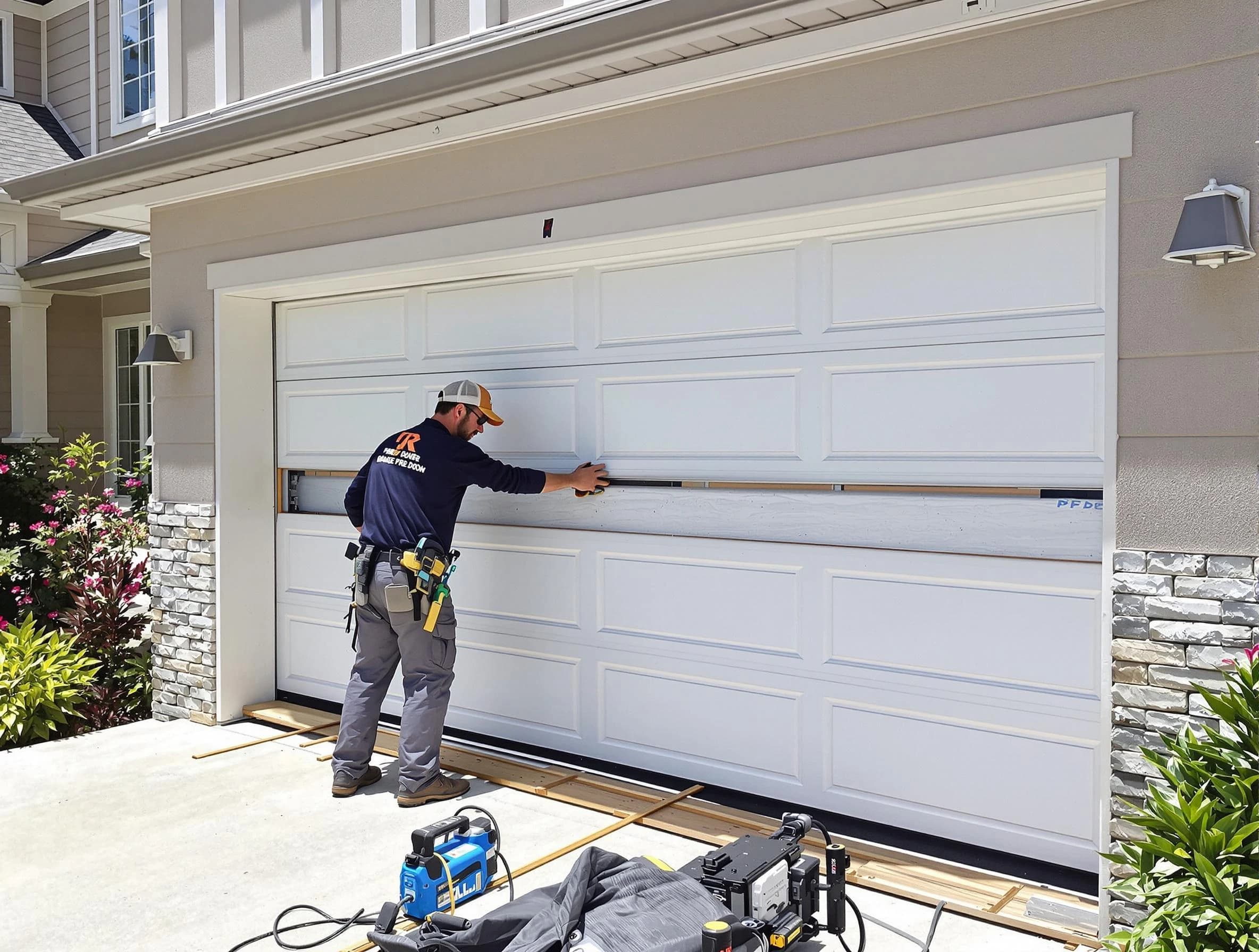 Dracut Garage Door Repair team performing complete garage door replacement at Dracut residence