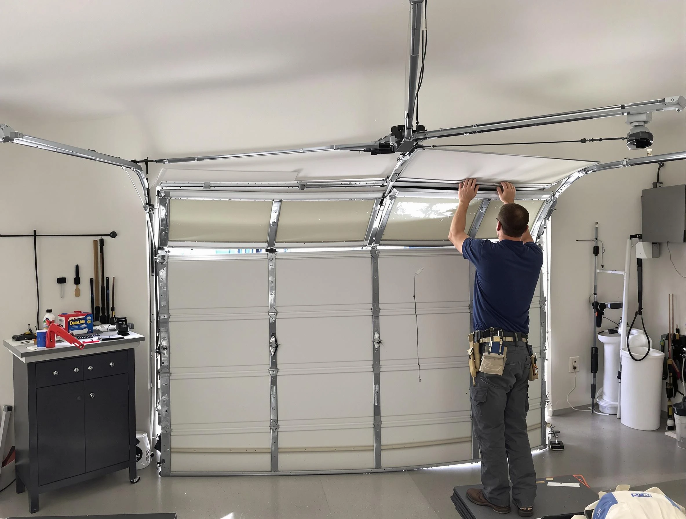 Dracut Garage Door Repair specialist performing precise section replacement on Dracut garage door